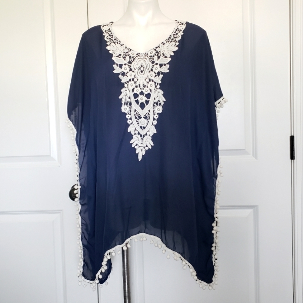 ADREAMLY Navy White Pom Trim Swim Cover Short Caftan M